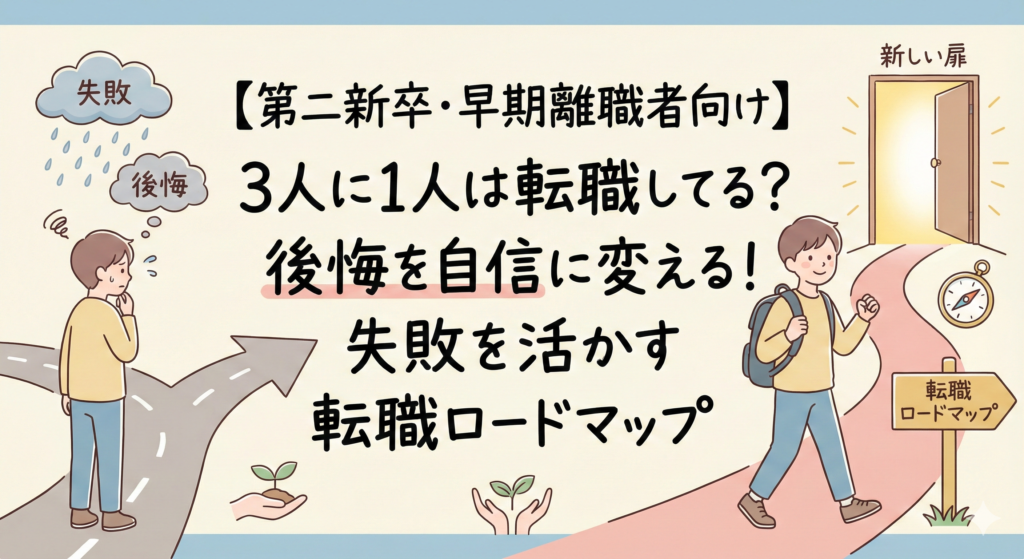 【第二新卒・早期離職者向け】3人に1人は転職してる？ 後悔を自信に変える！失敗を活かす転職ロードマップ。左側には「失敗」「後悔」の雨雲の下で岐路に立ち尽くす人物、右側には「新しい扉」に向かって自信を持って「転職ロードマップ」の道を歩き出す人物が描かれた、優しい色合いのイラストサムネイル